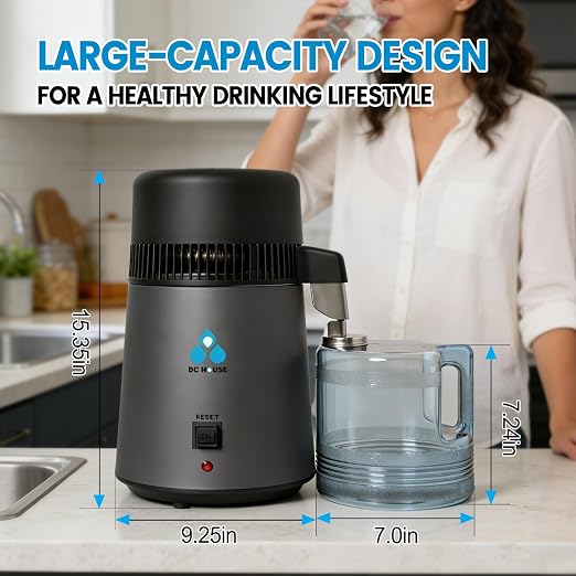 DC HOUSE 1 Gallon Water Distiller Machine, 750W 4L Pure Distilled Water Maker Machine with Container for Home Countertop Table Desktop, Drinking Purifier for Home Kitchen CPAP Hmidifiers (Black)
