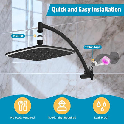 iFealClear Black Rain Shower Head with 12" Shower Extension Arm, 10" High Pressure Boosting Rainfall/Fixed Showerhead, All Metal Shower Arm Extender Adjustable Height/Angle, 1-Min Install-Easy Clean