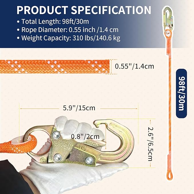 100FT Vertical Lifeline Assembly, 310LBS Capacity Fall Protection Safety Rope, Roofing & Tree Climbing Line Kit with Grab Hooks, Snap Hooks and Shock Absorber