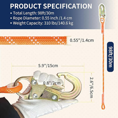 100FT Vertical Lifeline Assembly, 310LBS Capacity Fall Protection Safety Rope, Roofing & Tree Climbing Line Kit with Grab Hooks, Snap Hooks and Shock Absorber