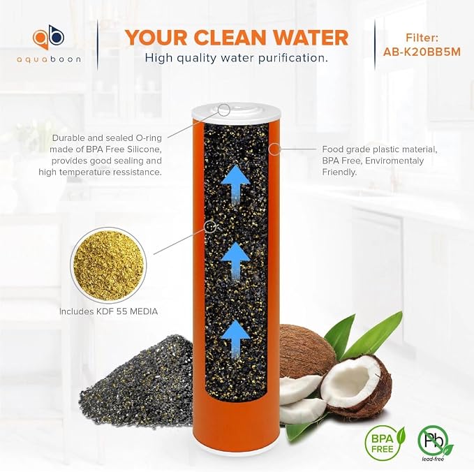 Aquaboon 5 Micron 20 x 4.5 Whole House Water Filter Replacement Cartridge KDF for 1-Stage Water Filtration System 6 Pack