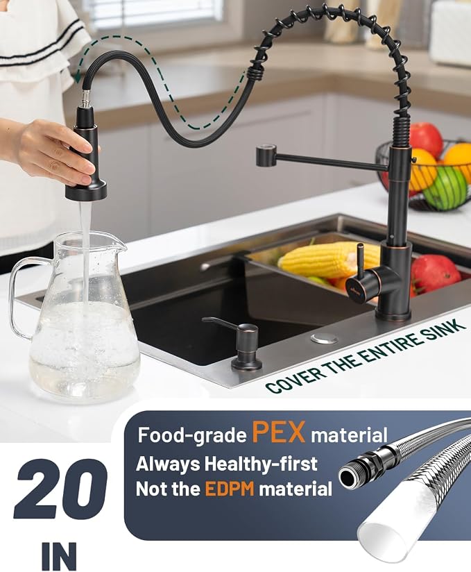 APPASO Spring Style Kitchen Faucet with Soap Dispenser Oil Rubbed Bronze | NSF/ANSI/CAN 372 & Lead-free, Kitchen Sink, Single Handle Commercial Faucet with Pull Down Sprayer for Kitchen Laundry RV