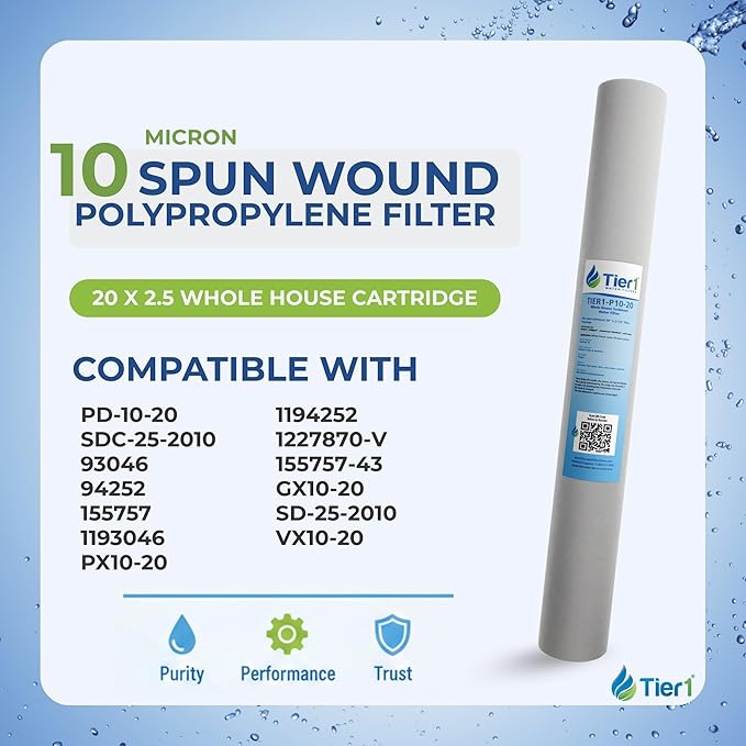 Tier1 10 Micron 20 Inch x 2.5 Inch | 4-Pack Spun Wound Polypropylene Whole House Sediment Water Filter Replacement Cartridge | Compatible with Pentek PD-10-20, Hydronix SDC-25-2010, Home Water Filter