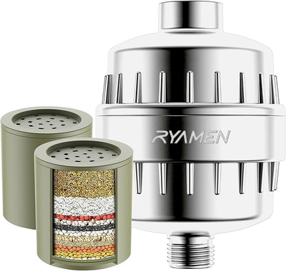 Ryamen Heavy Duty Shower Filter, Shower Water Filter, 99% REMOVAL Shower Head Filter for Hard Water, Heavy Metals, Chlorine (2 Cartridges, Silver)