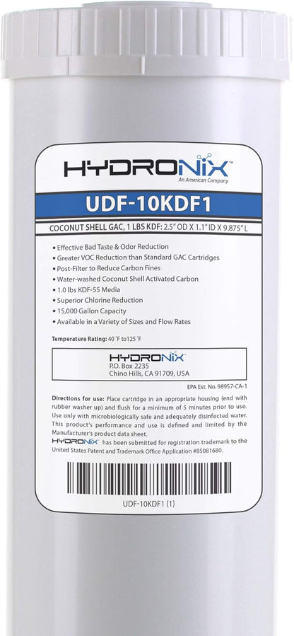 Hydronix UDF-10KDF.5 Chlorine, CTO, Heavy Metals, Bacteria & Scale Reduction Water Filter with 1/2 lb KDF, 2.5" x 10" (1 lb. KDF Media)
