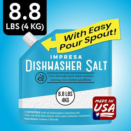 Dishwasher Water Softener Salt 8.8 LB – Pure, Coarse Grain Salt for Bosch, Miele, Whirlpool, Thermador & More – Eliminates Limescale, Spots & Residue – Vegan, Made in USA