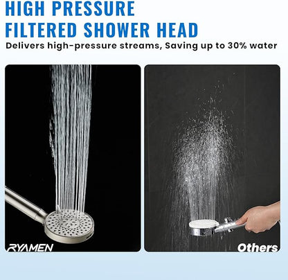 Ryamen Filtered Shower Head with Handheld, High Pressure 9-Spray Modes Detachable Shower Head with Filter for Hard Water-Remove Chlorine & Impurities, 2 Filters, Brushed Nickel