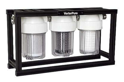 S3 Mini External 3-Stage RV Fresh Water Filter System, Compact, 5 Inch Filters, 3/4" GHT Stainless Steel Fittings, Reduce Sediment, Chlorine, Odor, All Aluminium Free-Standing Chassis, Clear