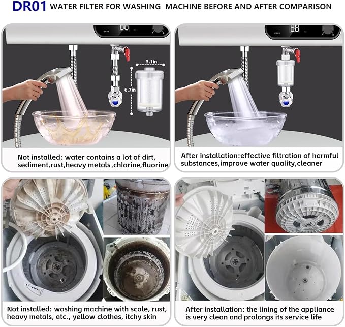 1 Micron High Density Washing Machine Water Filter, Washer Water Filter System, For Washing Machine, Heater, RV, > 99.5% Removes Chlorine Fluorine,Heavy Metals, Reusable ACF Shower Filter