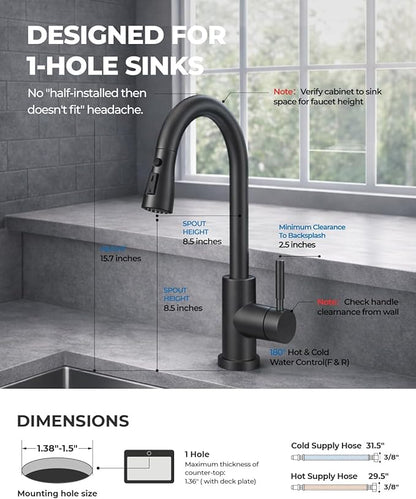 WEWE Kitchen Faucets with Pull Down Sprayer, Stainless Steel Single Handle 1 Hole for Family Kitchen Commercial Camper Laundry Rv Bar, Matte Black