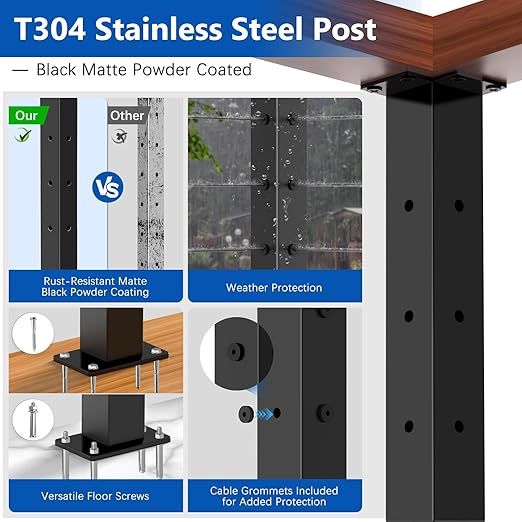 2 Pack 36" T304 T-drilled Cable Railing Corner Post(Post 35"x2"x2"), Modular Three Sides Wire Railing Post with Cable Grommets, Fixed Top Mount Stainless Steel Black Finish Deck Staircase Post