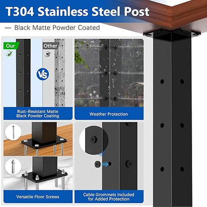 36" T304 T-drilled Cable Railing Corner Post(Post 35"x2"x2"), Modular Three Sides Wire Railing Post with Cable Grommets, Fixed Top Mount Stainless Steel Black Finish Deck Staircase Post