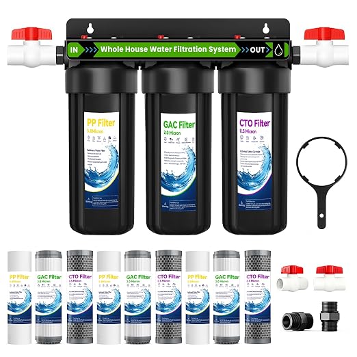 Whole House Water Filter System, 3 Stage Home Water Filter System for Well Water City Water, Includes 3 Sets Filters (2 Years use), 3/4” Port, Reduces Chlorine,Taste, Sediment for Cleaner Water