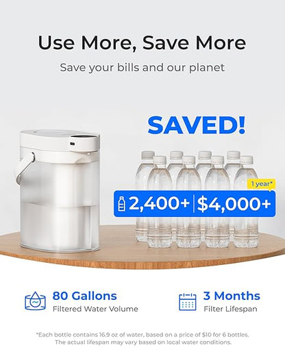 Waterdrop ED11W Rechargeable Water Filter Dispenser with 2 Filters, 5-Stage Long-Life Instant Electric Powerful Pitcher, Reduce 70+ Contaminants, Soften Water, 15-Cup Portable Countertop System, White