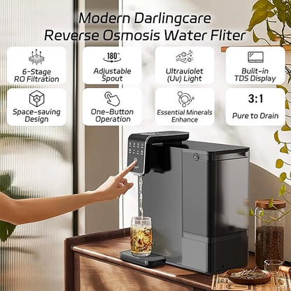 Reverse Osmosis Water Filter Countertop : 6-Stage Reverse Osmosis System with UV TDS Monitor 3:1 Pure to Drain Darlingcare Water Purifier for Kitchen Office Home (Grey)