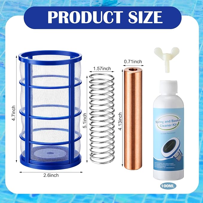 10 Pcs Copper Anode Replacement Kit, Solar Pool Ionizer Replacement, Include Copper Anode, Threaded Basket, Screen Spring, Wing Screw, Cleaner, Test Strips for Solar Pool, Reduces Chlorine