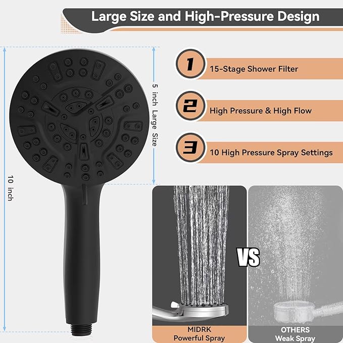 Shower Head, 15 Stage Filtered Shower Head for Hard Water, 10 Modes High Pressure Handheld Shower Head with 60" Hose and Bracket, Remove Chlorine and Harmful Substance