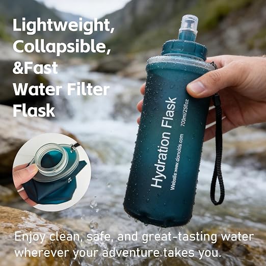 AXEN Collapsible Water Bottle with Filter System, Soft Hydration Flask for Trail Running, Camping, Hiking, Cycling, 1L Slate Green