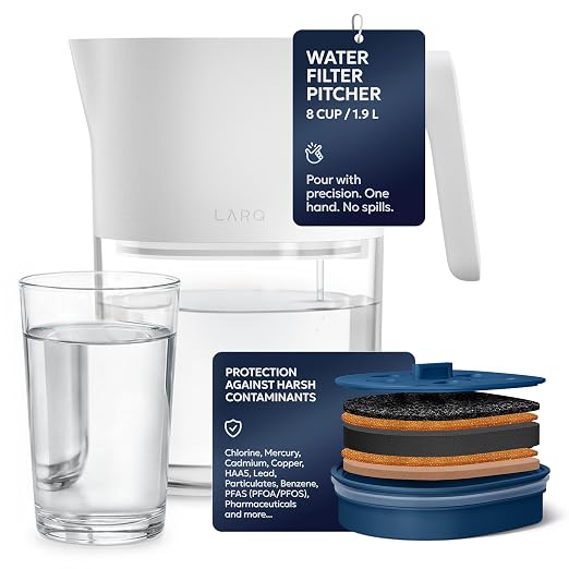 LARQ Water Filter Pitcher, 8-Cup - Removes Lead, PFAS, Chlorine & HAA5 | NSF-tested Nano Zero plant-based filter keeps healthy minerals; BPA-free, fits fridge, 60-gal filter, water jug, Pure White