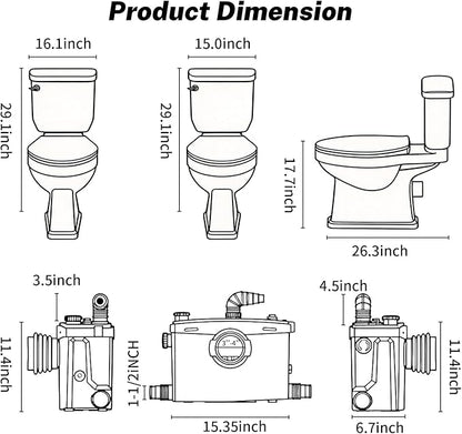 800Pro Macerating Toilet with Pump–Upflush Toilet System for Basement/Attic, 4 Water Inlets & AC Vent, 36ft Vertical Lift, Dual Flush, Easy Install,17.7" Elongated Toilet