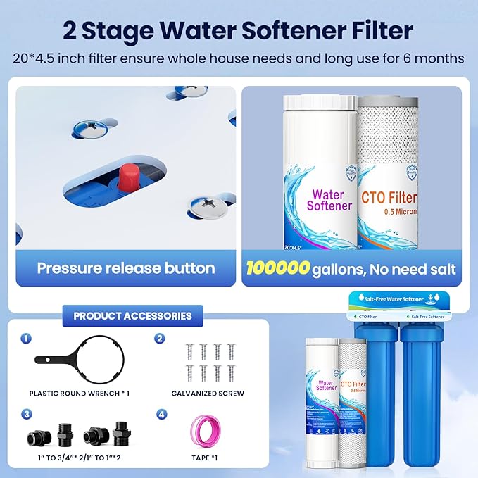 Whole House Salt Free Water Softener, Prevent Water Scale, Salt-Free Water Filter System, Salt-Free Water Softener Alternative, Without Salt and No Waste Water, Protect Appliances, 1" FNPT