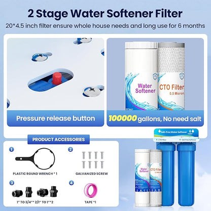 Whole House Salt Free Water Softener, Prevent Water Scale, Salt-Free Water Filter System, Salt-Free Water Softener Alternative, Without Salt and No Waste Water, Protect Appliances, 1" FNPT