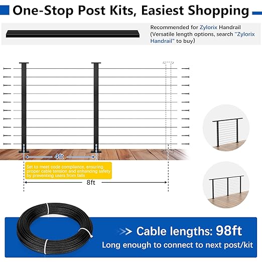 36" Modular 2-8FT Black T304 Cable Railing Post Kit, Complete Cable Railing System with 2 Level Posts & 98ft 1/8" Wire Rope(No Handrail), Adjustable Length Easy DIY for Decks/Porch