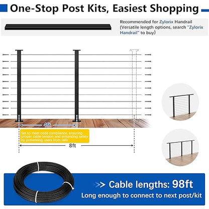 36" Modular 2-8FT Black T304 Cable Railing Post Kit, Complete Cable Railing System with 2 Level Posts & 98ft 1/8" Wire Rope(No Handrail), Adjustable Length Easy DIY for Decks/Porch