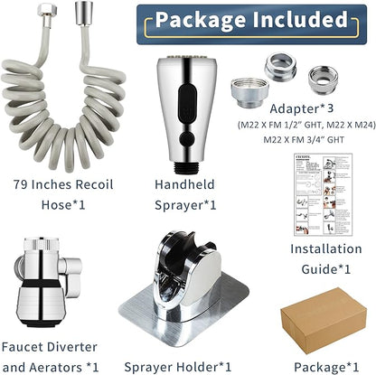 CECEFIN Kitchen Sink Sprayer Hose Attachment for Faucet, Kitchen Faucet Head Replacement w/ 79" Recoil Hose and Holder, Pressurized Water Saving Aerator & Diverter Valve, Faucet Sprayer Attachment Set