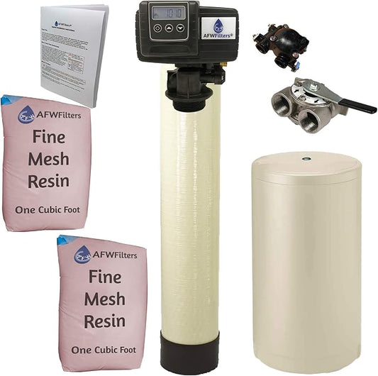 AFWFilters 2 cubic Foot (64k) Whole Home Iron Pro Water Softener with Fine Mesh Resin,1" Stainless Steel FNPT Connection, and Almond Tanks