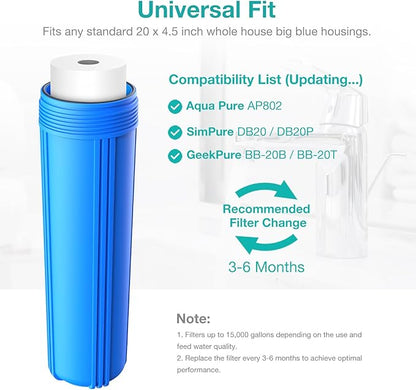 SimPure Sediment Water Filters, 5 Micron 20" x 4.5" Whole House Water Filter Replacement Compatible for SimPure DB20 Blue Housing, WGB22B, WGB32B, AP802, BB20B, BB20T, 4 Pack