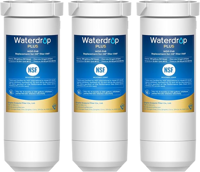 Waterdrop Plus XWF Water Filter Replacement for GE® XWF, 3 Pack, No chip | Replacement for GE® WR17X30702 Refrigerator Water Filter, NSF/ANSI 401 & 53 & 42 & 372 Certified, Reduces RFAS