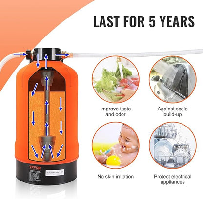 VEVOR RV Water Softener, 16,000 Grain Portable Water Softener, with 3/4" Brass Fittings and 42" Hose, Soften Hard Water Filter System for RVs, Trailers, Boats, Mobile Car Washing, Pressure Washing