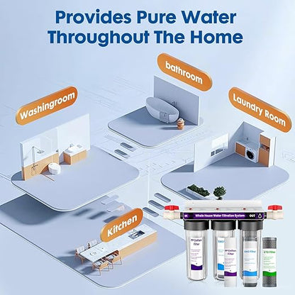 Whole House Water Filter System, 3-Stage Home Water Filtration System Highly Reduces Chlorine Odor,Taste, Delivers Crisp Water for Healthier Skin, 3/4" Ports with 2 Valves, Extra 2 Sets Filter Supply