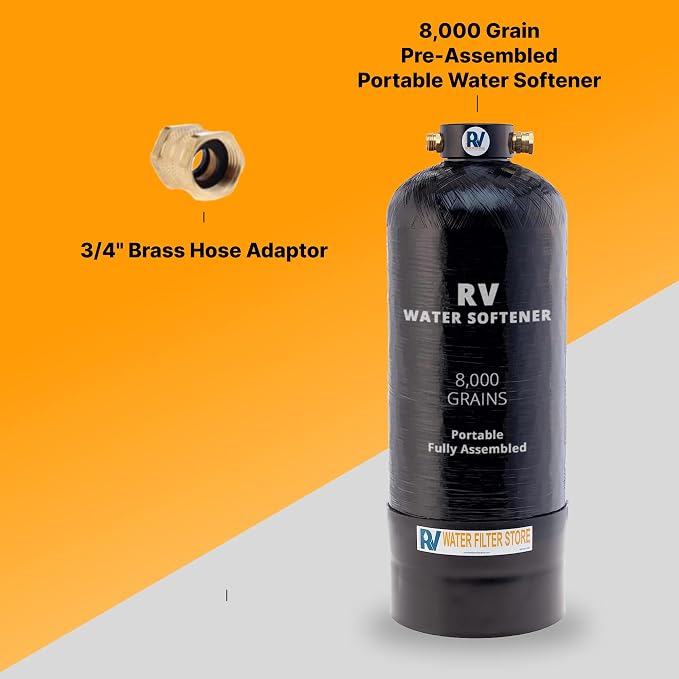 Essential RV Water Softener Portable 8,000 Grain, 3/4" Fittings, Softens Hard Water for RV's Vanlife Nomads Boondockers, New Lighter & Compact Model Easy Storage