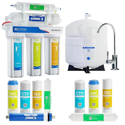 Max Water 100 GPD Reverse Osmosis Water Filtration System - 5 Stage RO System with NSF Certified Tank, Faucet and 4 Extra Filters - Under-Sink/Wall Mount System - Model : RO-5W2