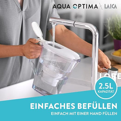 Aqua Optima Oria Liscia Filter Jug & 6 x 30 Day Evolve+ Water Filter Cartridges, 2.5 Litre Capacity, for Reduction of Microplastics, Chlorine, Limescale and Impurities, White