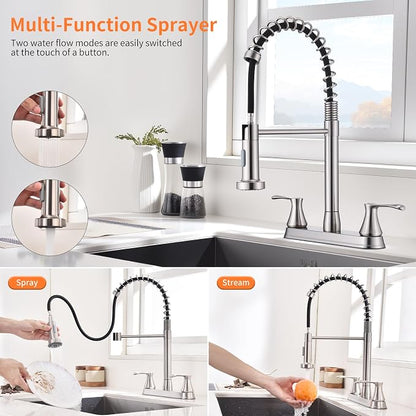 HOMELODY 2 Handles Kitchen Faucet with Pull Down Sprayer for 3 Hole Sink, 360° Rotating Spout Commercial 2 Handle Stainless Steel Kitchen Faucets with Deck Plate Brush Nickel