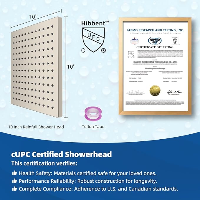 Hibbent cUCPC Certified Rain Shower Head, 10'' High Pressure Rainfall Shower Head, Square Bathroom Waterfall Shower Heads, High Flow Fixed Showerheads with Adjustable Brass Ball Joint, Brushed Nickel