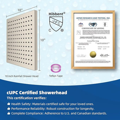 Hibbent cUCPC Certified Rain Shower Head, 10'' High Pressure Rainfall Shower Head, Square Bathroom Waterfall Shower Heads, High Flow Fixed Showerheads with Adjustable Brass Ball Joint, Brushed Nickel