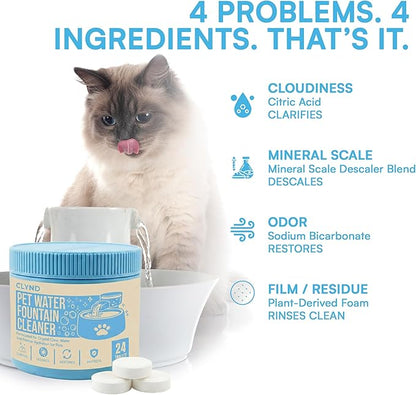 Pet Water Fountain Cleaner and Descaler Tablets 24-Pack Residue-free Fountain Cleaning Tablets for Cat and Dog Pump Maintenance, Surface-safe for Plastics and Metals