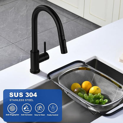 Tohlar Black Kitchen Faucets with Pull-Down Sprayer Single Handle Kitchen Faucet, Modern Stainless Steel Kitchen Sink Faucet with Deck Plate