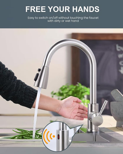Touchless Kitchen Faucet Stainless Steel: WOWOW Smart Motion Sensor Kitchen Sink Faucet with Sprayer, Stainless Steel Kitchen Faucet for Sink 1 or 3 Hole Brushed Nickel Single Handle Kitchen Tap