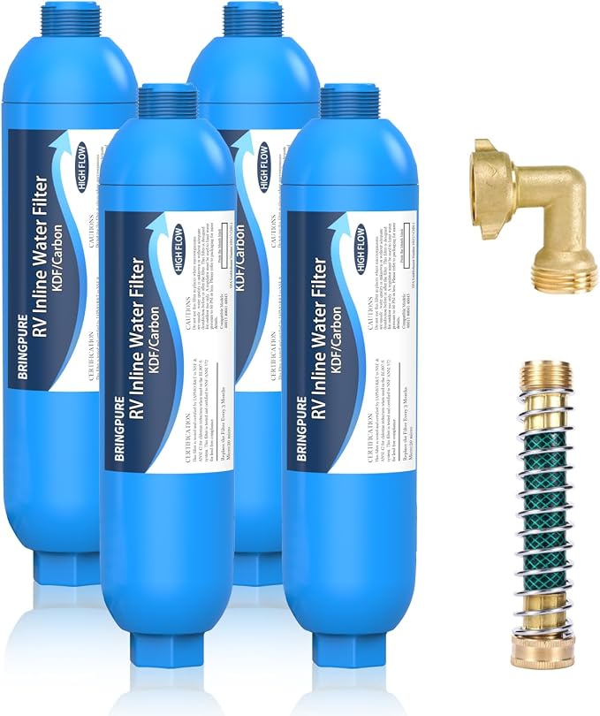 Bringpure RV Water Filter with 90 Degree Elbow and Flexible Hose Protector | NSF 42/372 Certified, Reduce Chlorine, Odor, Taste, Rust and Fluoride in Drinking Water, Dedicated for RV and Marine, 4 Pack