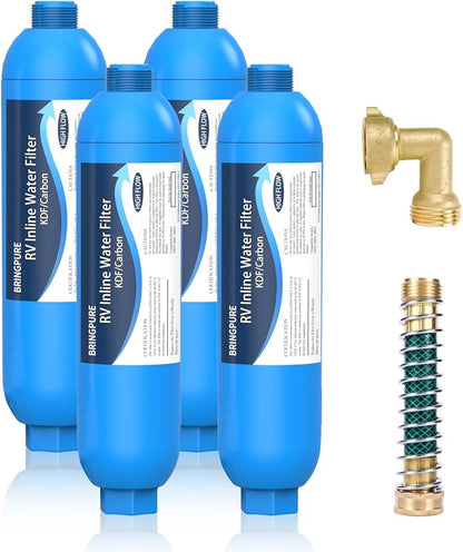 Bringpure RV Water Filter with 90 Degree Elbow and Flexible Hose Protector | NSF 42/372 Certified, Reduce Chlorine, Odor, Taste, Rust and Fluoride in Drinking Water, Dedicated for RV and Marine, 4 Pack