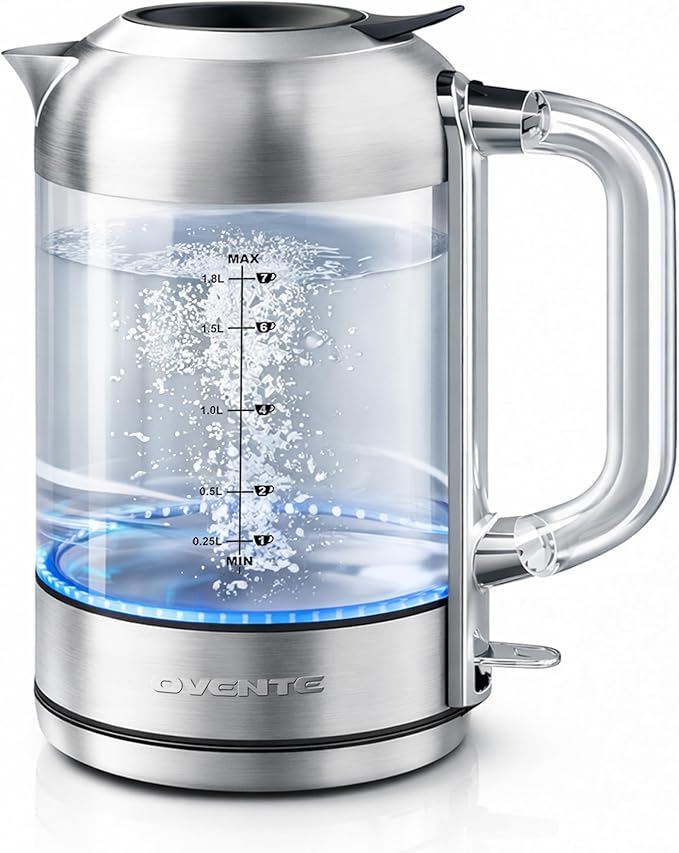 OVENTE Electric Kettle, 1.8L Glass Kettle Stainless Steel Base Water Boiler Electric with Acrylic Handle, 1500W Fast Boil Electric Kettle, Easy Fill Lid, Auto Shut-Off, Silver KG921S