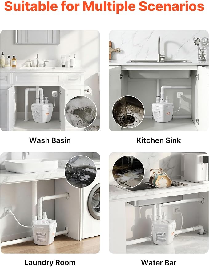 VEVOR Utility Sink Pump, 1 HP, 2200 GPH Under Sink Pump with 3 Water Inlets 1 Outlet, 36 ft Max Lift, Cast Aluminum Motor, Macerating Toilet System, for Sink Shower Wash Bin Urinal Kitchen Basement | for Shower Kitchen Basement, Cast Aluminum Motor, 1....