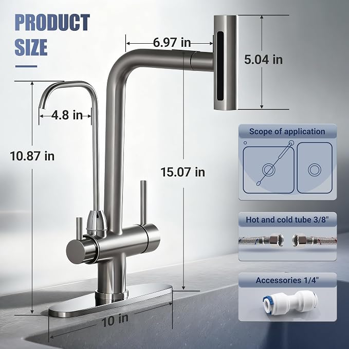 Waterfall Kitchen Faucet with Water Filter,Upgraded Separate Drinking Water 2 Handle Kitchen Faucet with Pull Down Sprayer, Brushed Nickel 3 in 1 Sink Faucets, Without Water Filtration Device