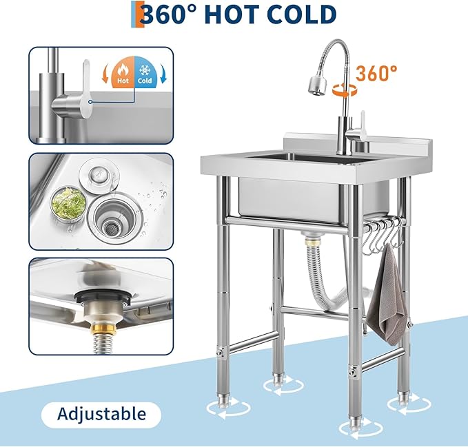 Garvee Stainless Steel Utility Sink with Faucet & Storage Shelf, 304 Single Bowl Freestanding Sink with Adjustable Legs, S-Hooks, Hot & Cold Water Pipes for Kitchen, Laundry, Garage, Farm, Outdoor Use