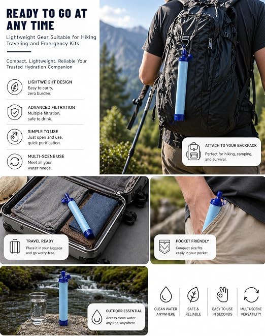 Water Filter, Lightweight Portable Water Filter Straw (2) | Emergency Survival Filtration System, Personal Water Purifier, Includes 480ml Reservoir & Tube, for Hiking, Camping, Travel